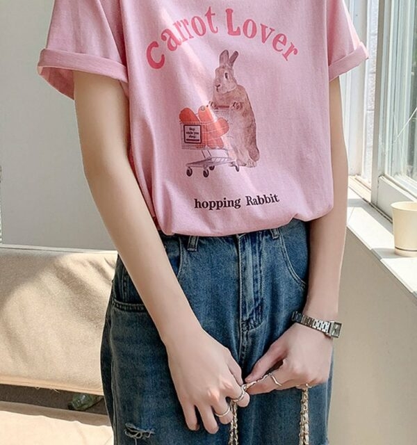 Camiseta com estampa de coelho rosa kawaii Desenho animado kawaii