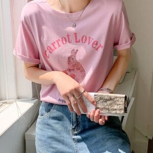 Camiseta con estampado de conejo de dibujos animados rosa Kawaii dibujos animados kawaii