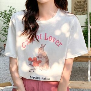 Camiseta com estampa de coelho rosa kawaii desenho animado kawaii