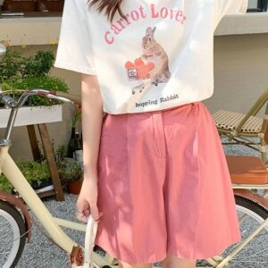 Camiseta con estampado de conejo de dibujos animados rosa Kawaii dibujos animados kawaii