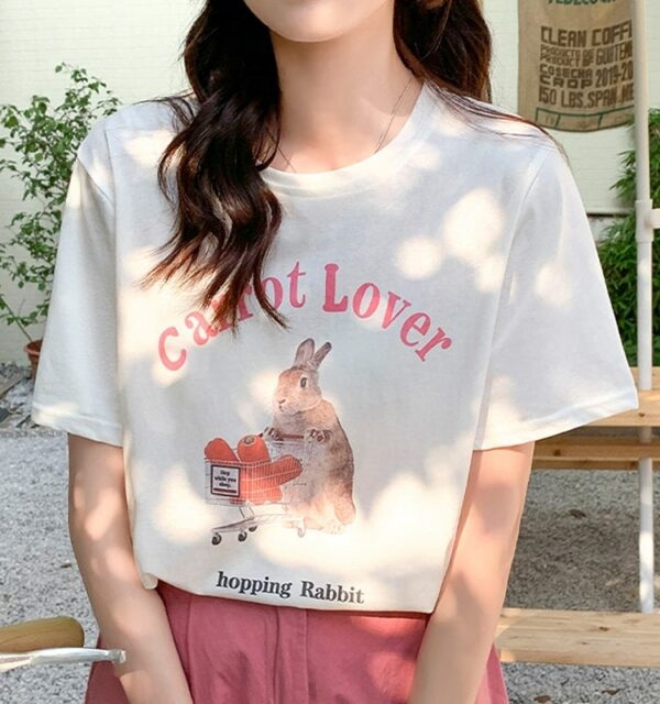 T-shirt con stampa di coniglio rosa cartone animato Kawaii Cartone animato kawaii