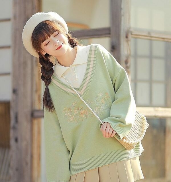 Kawaii süßer zweiteiliger Pullover-Anzug mit Blumenstickerei Kawaii-Stickerei
