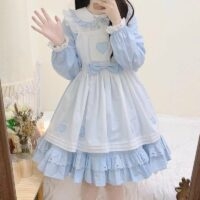 Conjunto de vestido Lolita com gola de boneca Kawaii azul Alice Alice kawaii