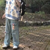 Pantaloni jeans dritti Harajuku moda Kawaii 2 in 1 kawaii