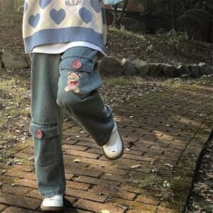 Calça jeans reta Kawaii Fashion Harajuku 2 em 1 kawaii