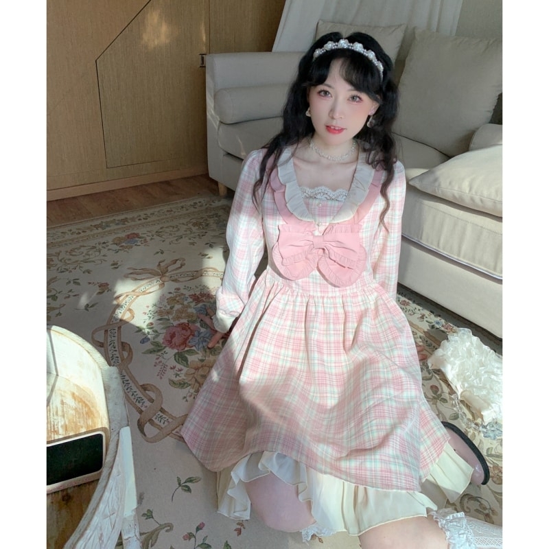 Kawaii Sweet Pink Plaid Lolita Dress - Kawaii Fashion Shop  Cute Asian  Japanese Harajuku Cute Kawaii Fashion Clothing