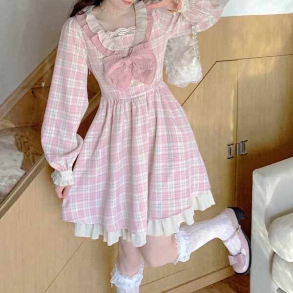 Kawaii Sweet Pink Plaid Lolita Dress Bow kawaii