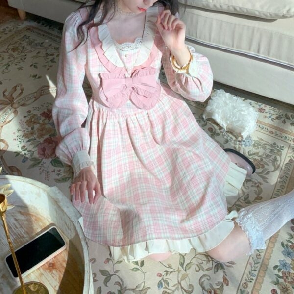 Vestido lolita a cuadros rosa dulce kawaii Arco kawaii
