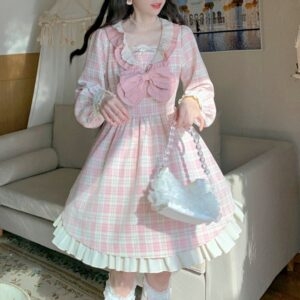 Robe Lolita à carreaux rose doux Kawaii, avec nœud kawaii