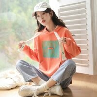 Koreański, luźny, krótki sweter z kapturem jesienne kawaii