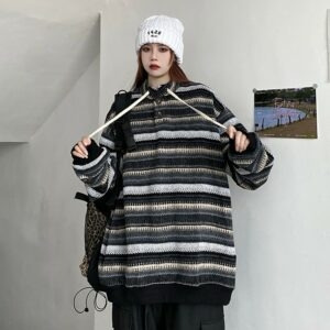 Корейский ретро-полосатый свободный пуловер-свитер вязаный каваи