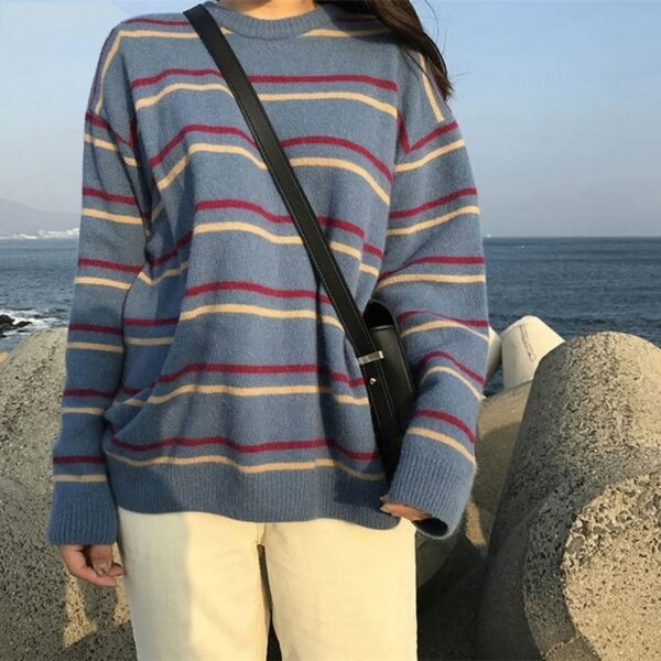 Sweter pulowerowy w paski w stylu Harajuku z okrągłym dekoltem Kawaii Harajuku