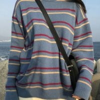 Sweter pulowerowy w paski w stylu Harajuku z okrągłym dekoltem Kawaii Harajuku