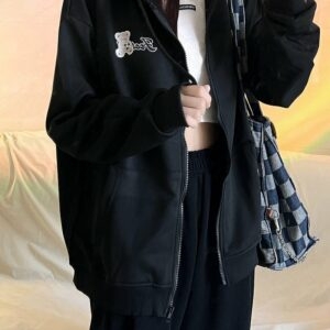 Casaco cardigã preto com zíper estilo universitário original outono kawaii