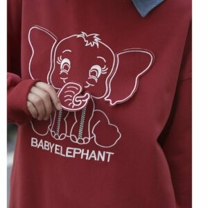 Sudadera con capucha con bordado de elefante rojo estilo universitario coreano Elefante kawaii