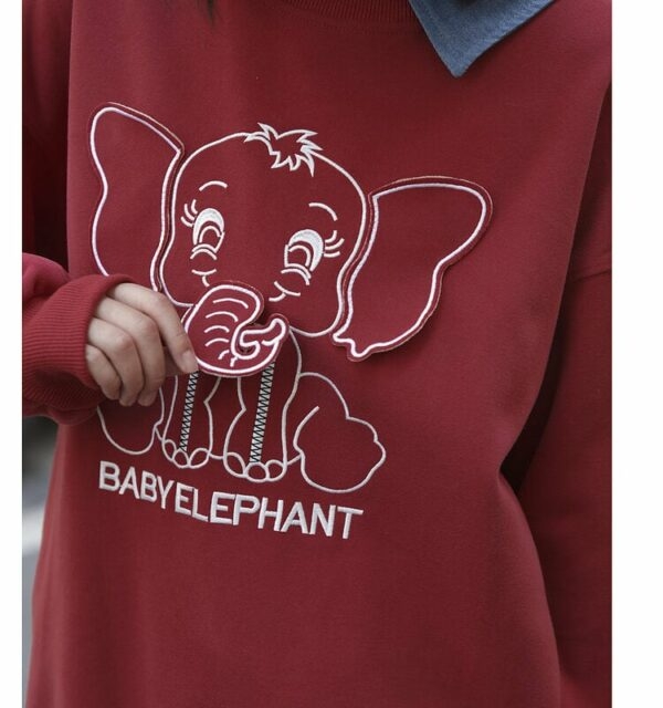 Korean College Style Red Elephant Embroidery Hoodie Elephant kawaii