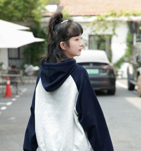Moletom com capuz colorido com costura contrastante estilo menina macia outono kawaii