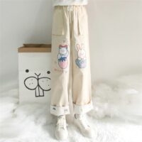 Calças retas com bordado de urso fofo e macio para meninas outono kawaii