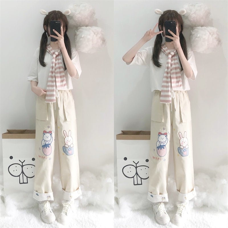Cute Soft Girl Bear Embroidery Straight Pants - Kawaii Fashion Shop