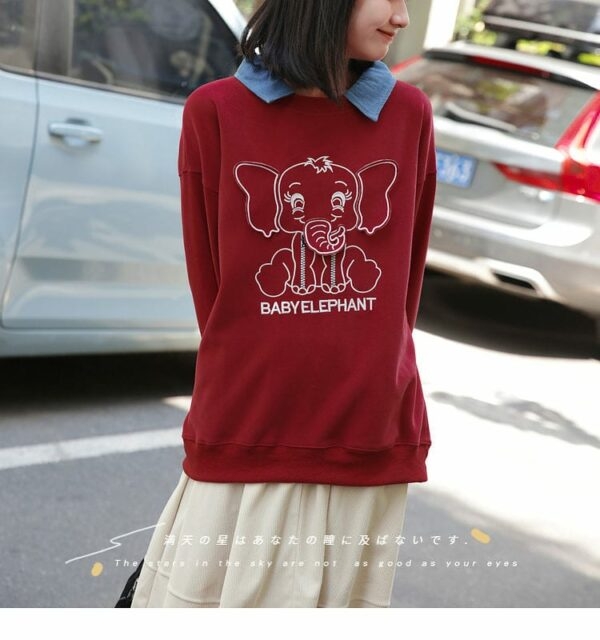 Koreańska bluza z kapturem w stylu college'u z haftem czerwonego słonia Kawaii słonia