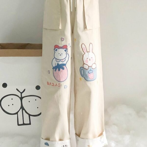 Calças retas com bordado de urso fofo e macio para meninas outono kawaii