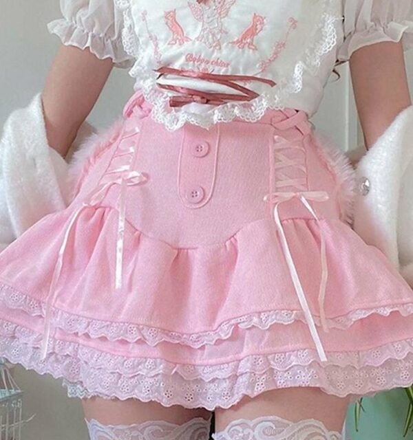 Kawaii różowa sztruksowa spódnica typu babydoll kokietka estetyczna kawaii