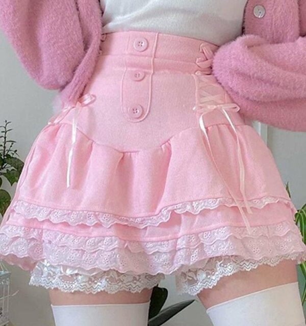 Kawaii różowa sztruksowa spódnica typu babydoll kokietka estetyczna kawaii