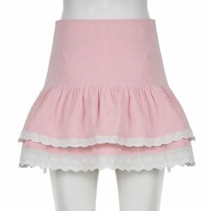 Kawaii Pink Corduroy Babydoll kjol coquette estetisk kawaii