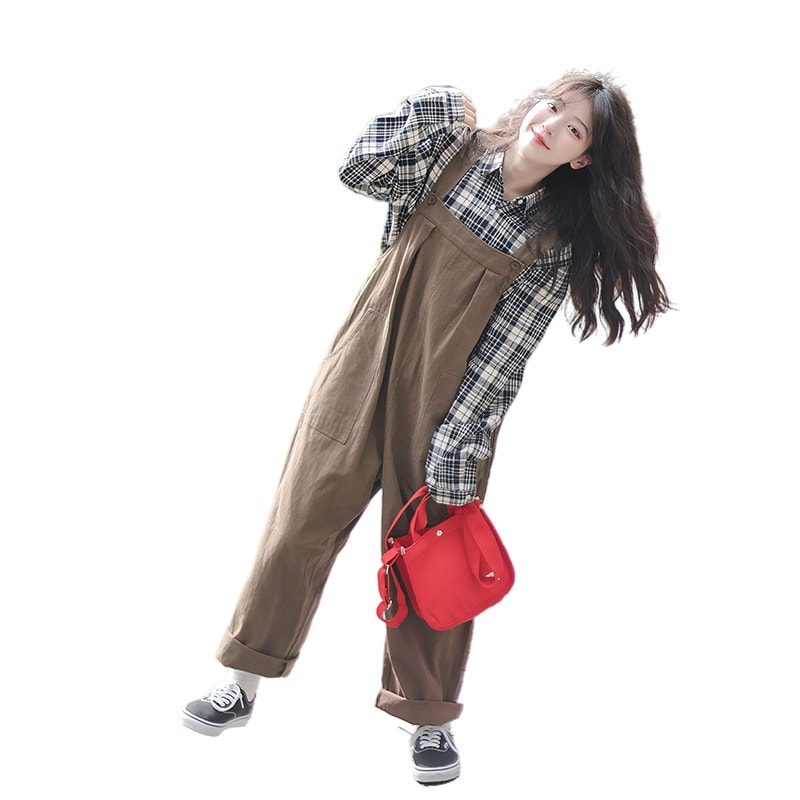 New Japanese High Waist Overalls Pocket Women Cargo Pants Fashion Loose  Trousers