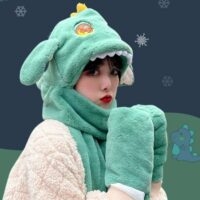 Kawaii Soft Girl Ears Move Plüsch Schal Handschuhe mit Kapuze Dinosaurier-Kawaii