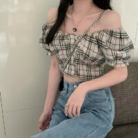 Chemise à manches bouffantes à carreaux rétro Soft Girl Kawaii tout-match
