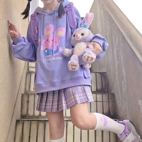 Kawaii japońska śliczna fioletowa bluza z kapturem w kształcie królika jesienne kawaii