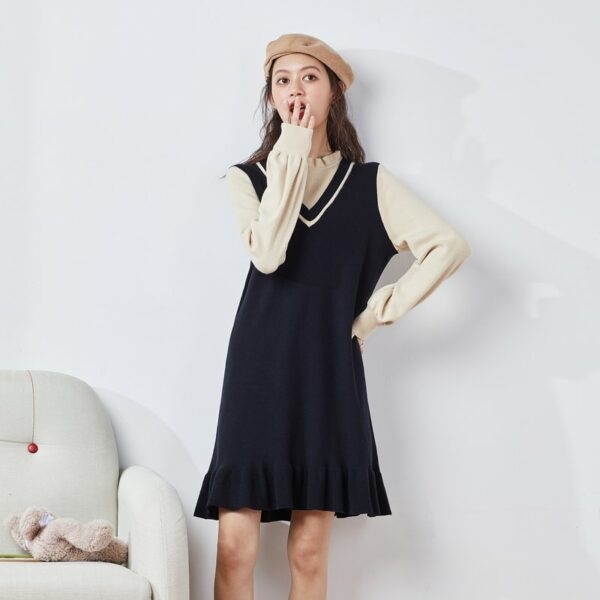 패션 소녀 가짜 투피스 니트 드레스 가을 카와이