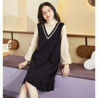 패션 소녀 가짜 투피스 니트 드레스 가을 카와이