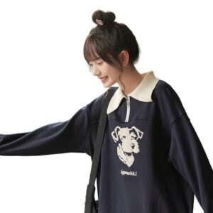 College Style Printed Polo Collar Hoodie autumn kawaii