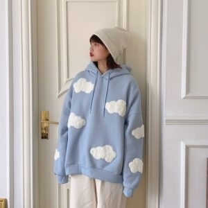Koreansk stil Loose Blue Sky White Cloud Sweatshirt blå himmel kawaii