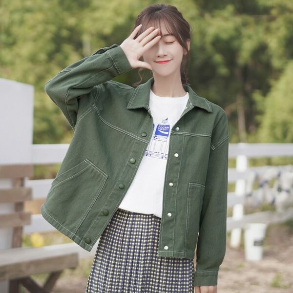 韓国ファッションルーズグリーンデニムジャケット秋かわいい