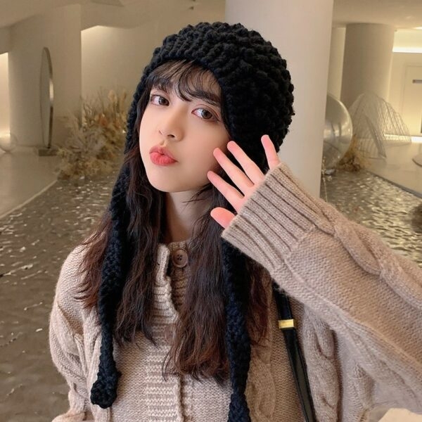 카와이 손으로 짠 긴 레이스 부드러운 소녀 니트 모자 손으로 짠 카와이