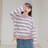 Mode flickor Lös kort stil Kontrastfärg randig tröja höst kawaii