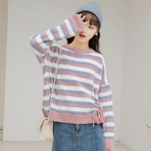 Модный свободный короткий стильный свитер для девочек в полоску контрастного цвета, осенний каваи