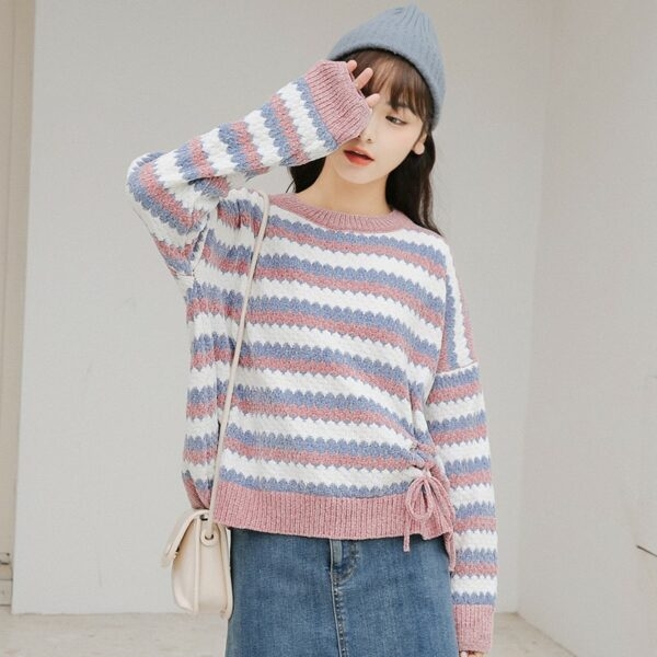 Mode flickor Lös kort stil Kontrastfärg randig tröja höst kawaii