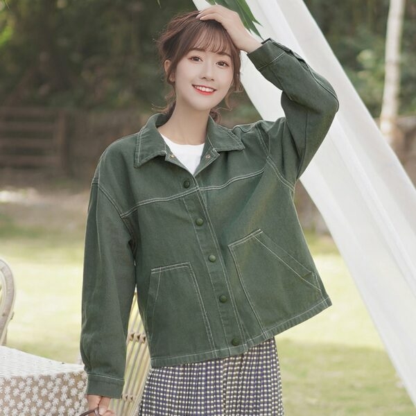 Jaqueta jeans verde solta da moda coreana outono kawaii