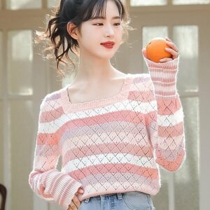 프랑스 패션 핑크 스트라이프 중공 스웨터 올 매치 카와이