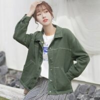 Koreanische Mode lose grüne Jeansjacke Herbst kawaii