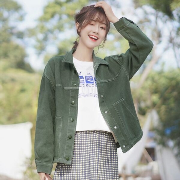 Giacca di jeans verde allentata alla moda coreana autunno kawaii
