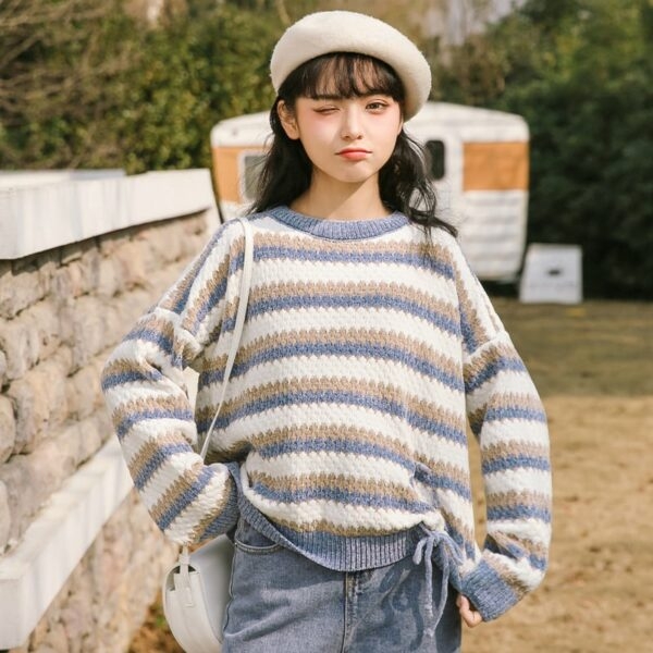 Suéter listrado de cor contrastante de estilo curto solto para meninas da moda outono kawaii