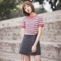패션 대학생 스타일 레인보우 스트라이프 티셔츠 올 매치 카와이