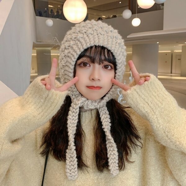 Chapéu de malha de menina macia de renda longa tricotada à mão Kawaii Kawaii tricotado à mão
