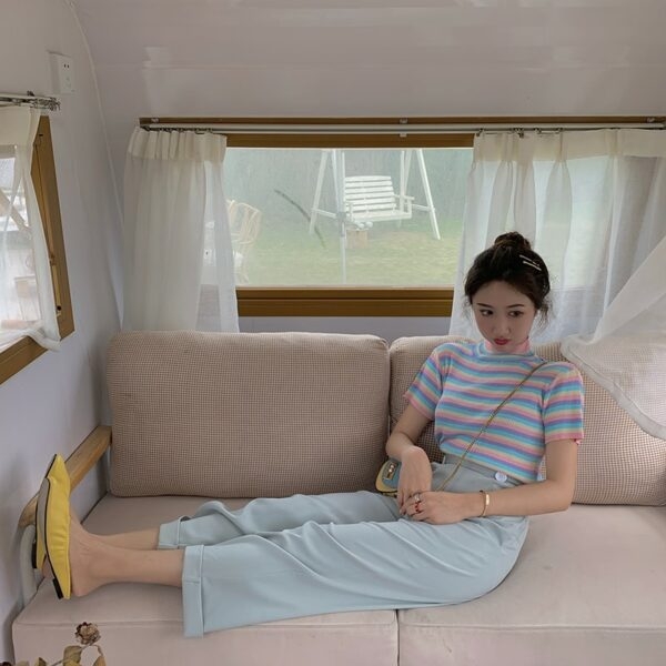 韓国ファッションスウィートレインボーストライプショートTシャツオールマッチカワイイ