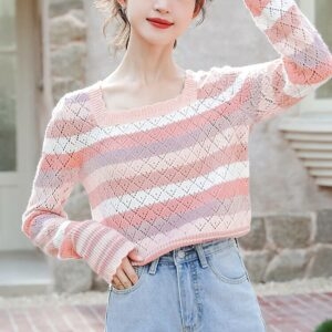 Suéter hueco a rayas rosa de moda francesa Kawaii todo fósforo